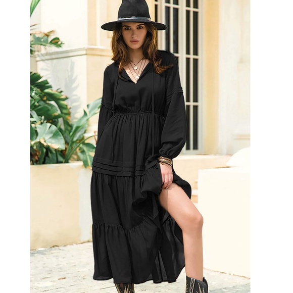 Black Bohemian Maxi Dress Chiffon Neck Ties Long Sleeve Ruffle Hem Flowy - Picture 5 of 10